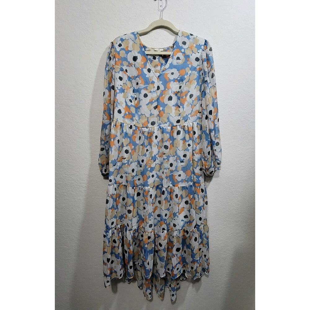 Joie Women's M Floral Fields Tiered Boho Midi Dress Line V-Neck Balloon Sleeve